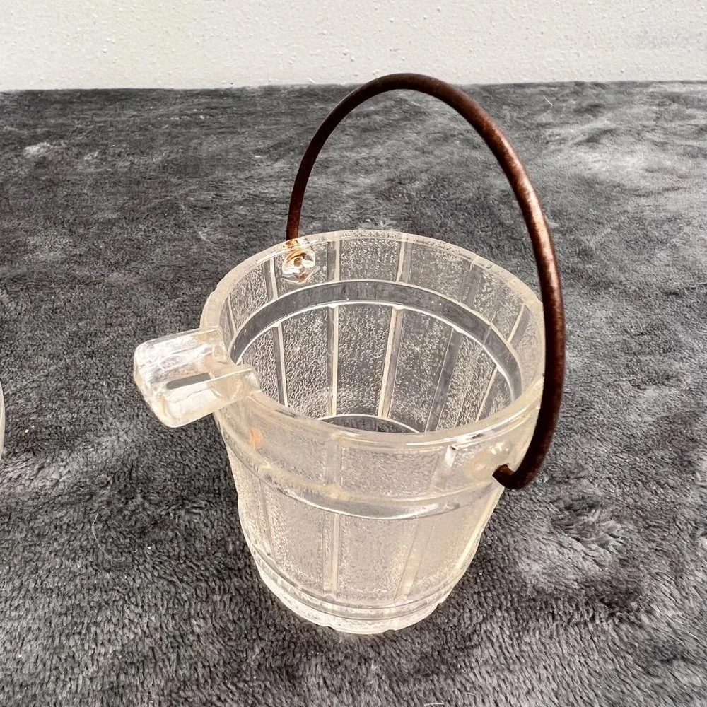 Vintage Glass Bucket Ice Mini Ashtray Wishing Well Water Metal Handle Pair Set